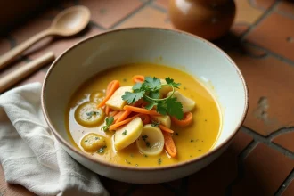 Bol de julienne de poisson au curry doux et lait de coco, garni de coriandre fraîche, sur une table en bois rustique