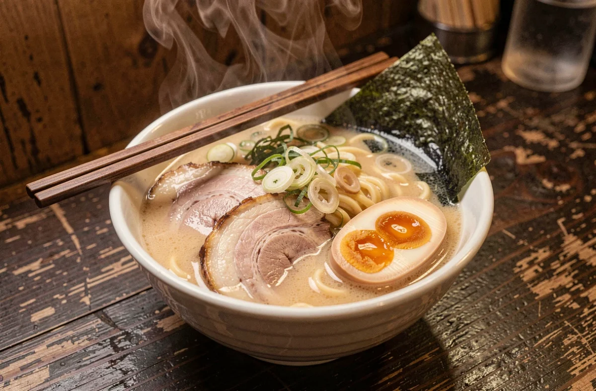 Bol de ramen artisanal fumant avec chashu et œuf mollet au KMC Ramen à Bayonne