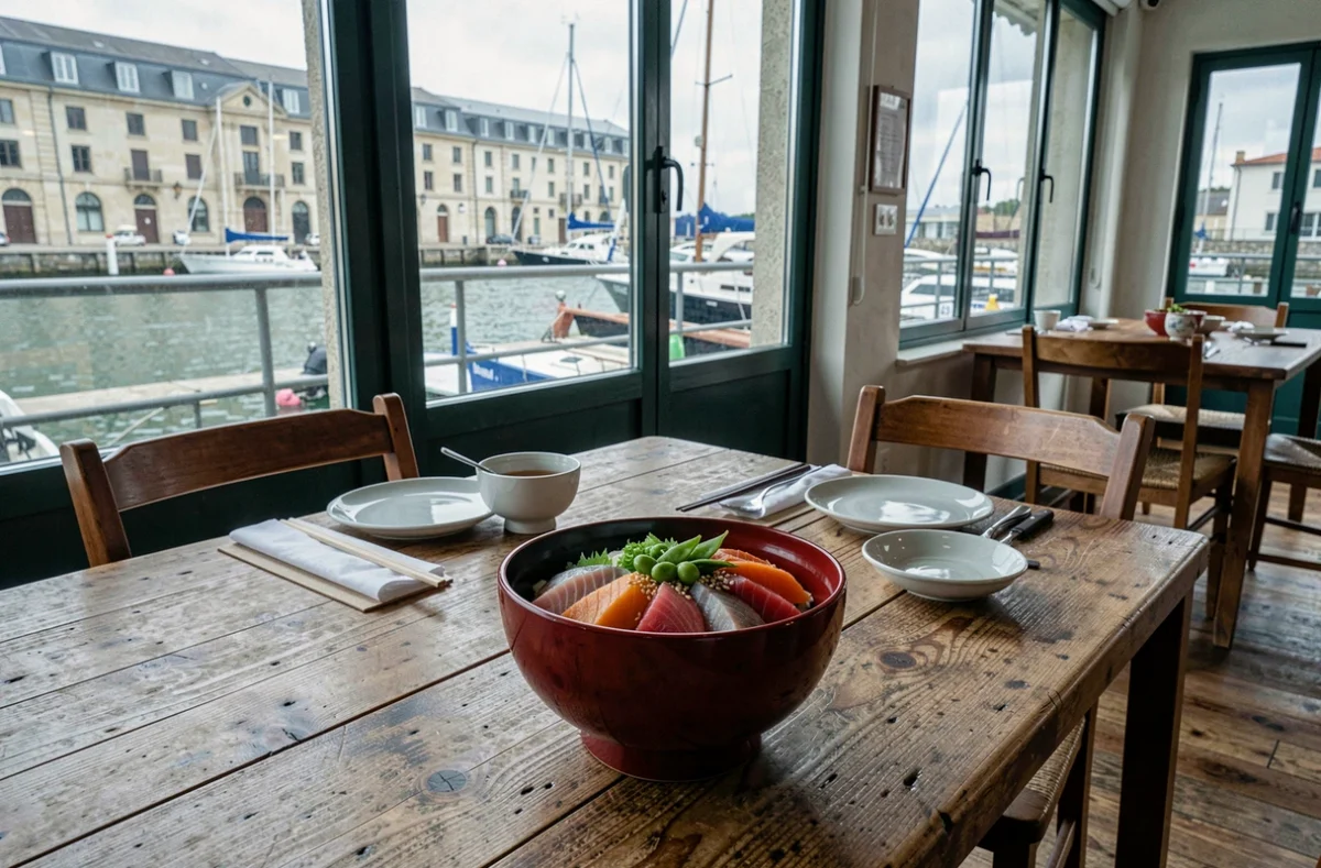 Chirashi bowl coloré sur table en bois dans le restaurant Koya à La Rochelle