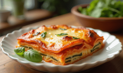 Lasagne courgette saumon dorée sur table ensoleillée