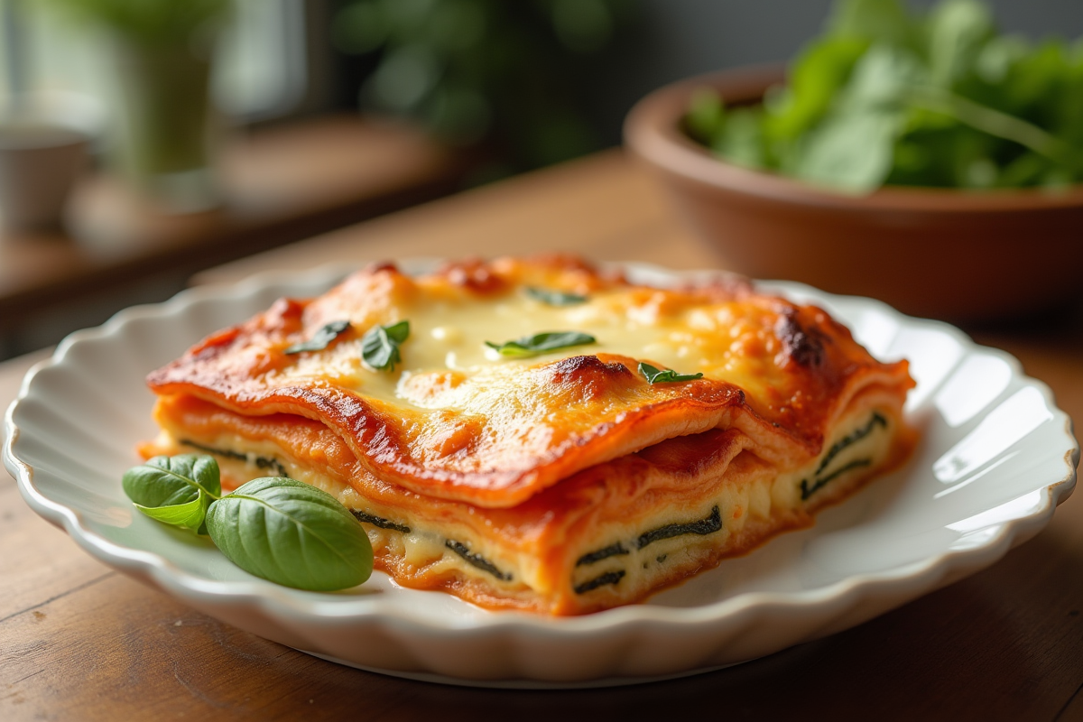 Lasagne courgette saumon dorée sur table ensoleillée
