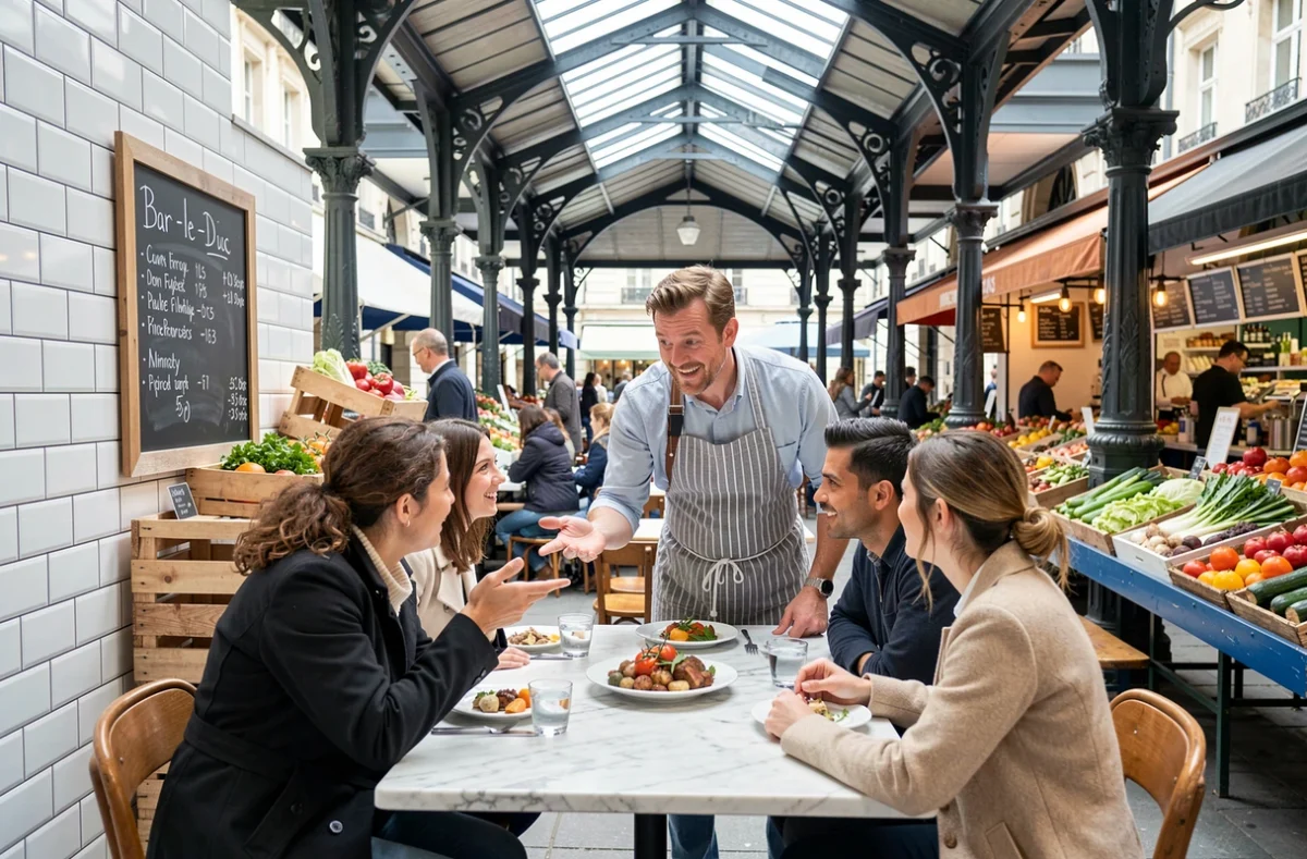 Bistrot de marché Le Bouchon des Halles à Bar-le-Duc avec chef expliquant le menu du jour aux clients