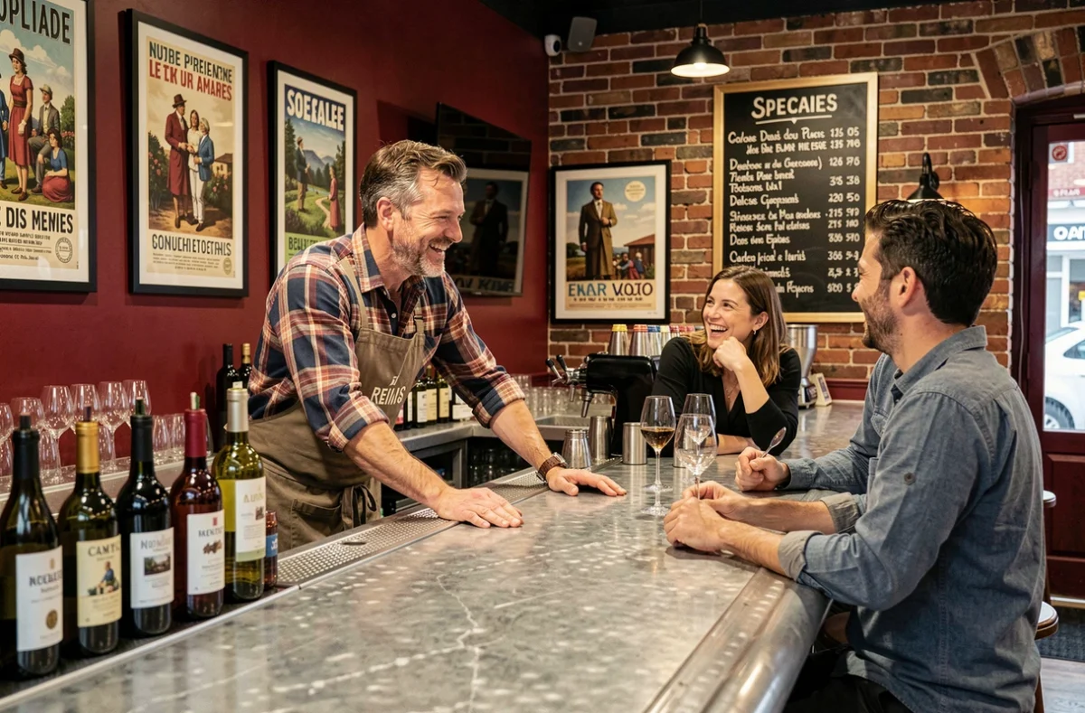 Intérieur affirmé du Coq Rouge à Reims avec murs rouges, bar en zinc et ambiance conviviale entre patron et clients
