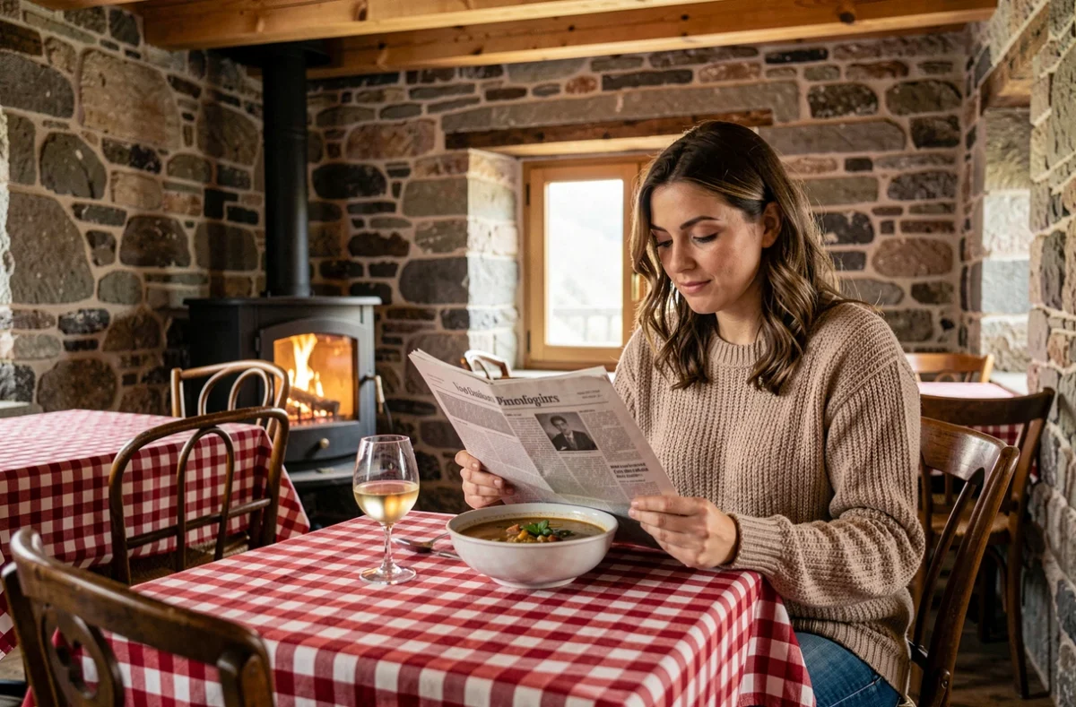 Intérieur montagnard du Refuge près de Sarrebourg avec poêle à bois, poutres en pin et nappe à carreaux