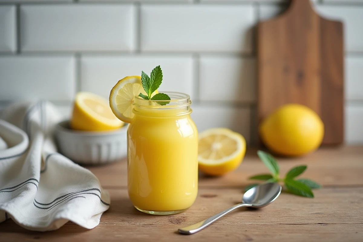 Pot en verre de lemon curd maison garni d'une tranche de citron et de menthe fraîche sur une table en bois rustique