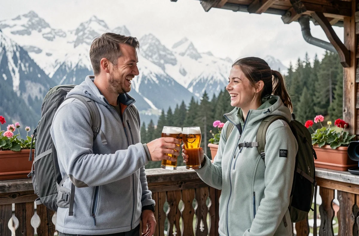 Deux amis en tenue de montagne trinquant avec des bières artisanales Les Funambules sur une terrasse de chalet savoyard