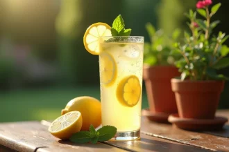Verre de limonade maison avec tranches de citron et menthe fraîche sur une table en bois rustique en été