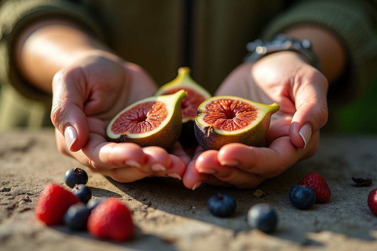 Mains tenant une figue coupée et des groseilles indiennes