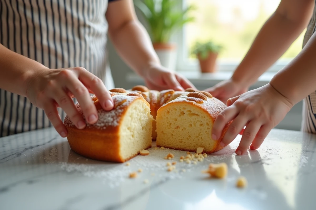 Mains d’un adulte et d’un enfant partageant un gâteau aux amandes
