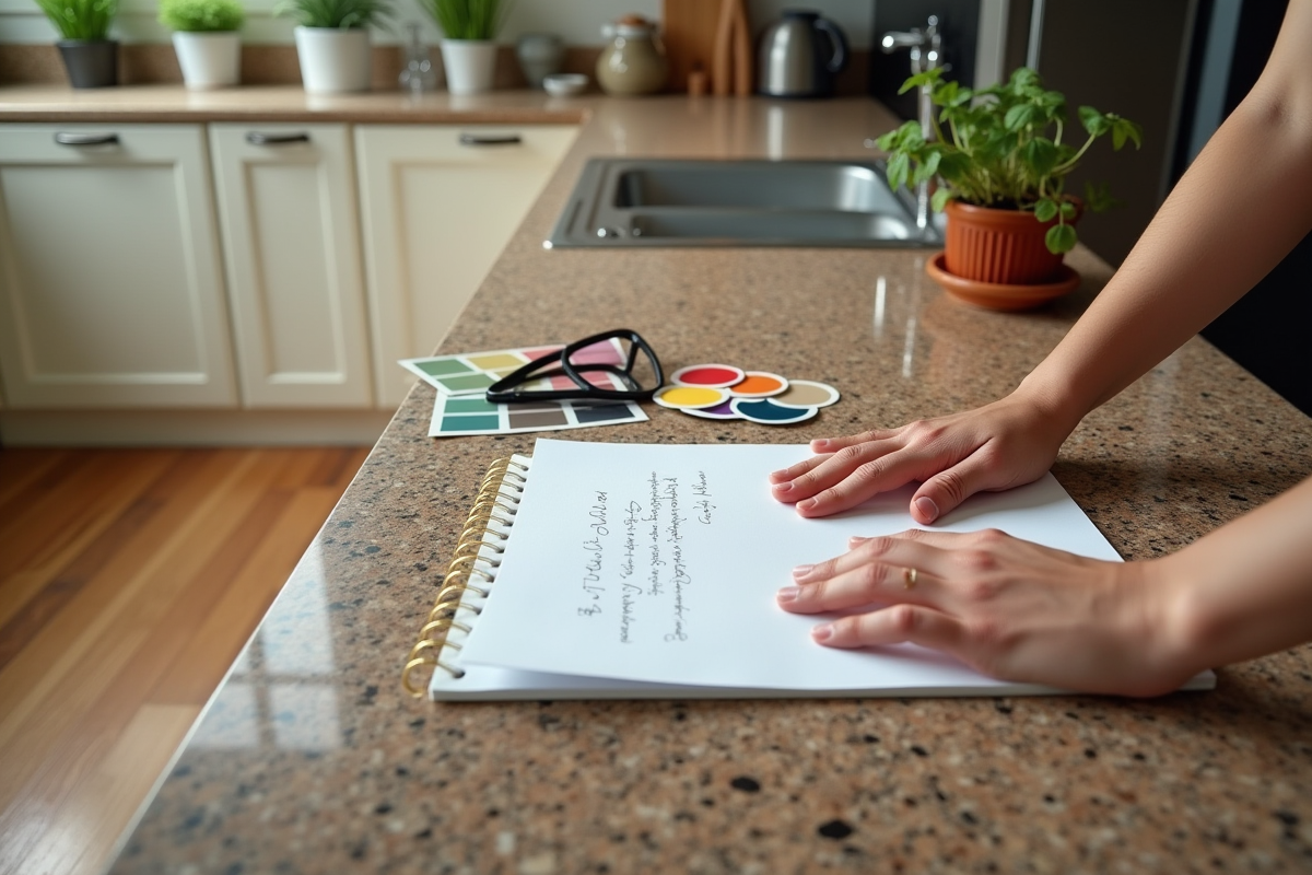 Mains sur granite avec échantillons de peinture et carnet
