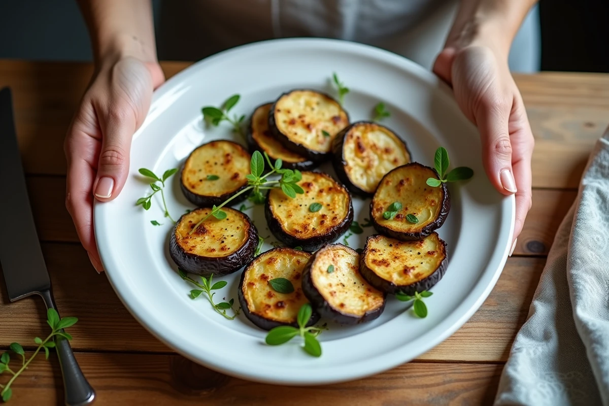 Mains disposant des rondelles d aubergines sur une assiette