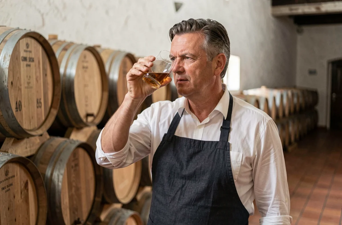 Maître de chai dégustant un verre de whisky français dans une distillerie bordelaise
