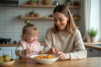 Maman et enfant en cuisine avec pois chiches