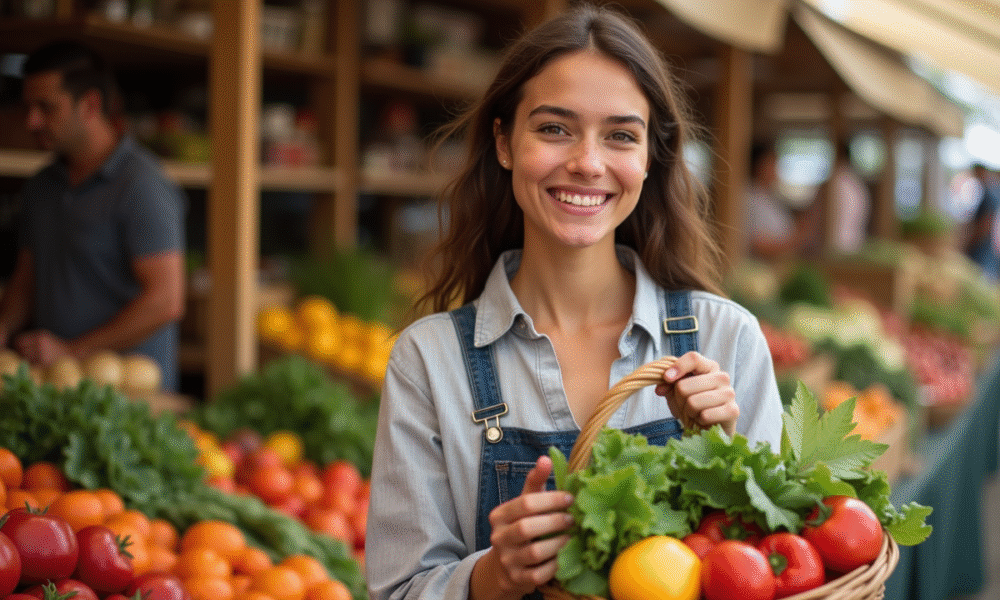 Jeune femme souriante au marché avec panier de fruits