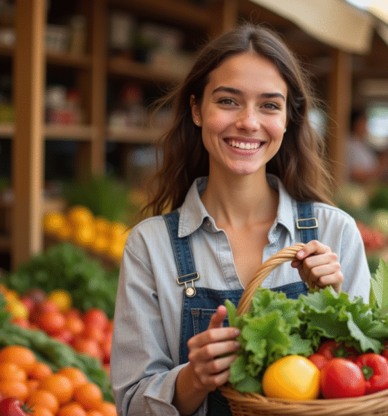 Jeune femme souriante au marché avec panier de fruits
