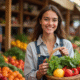 Jeune femme souriante au marché avec panier de fruits