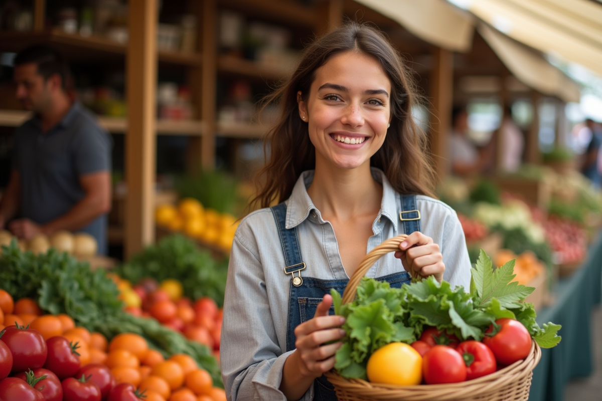 Jeune femme souriante au marché avec panier de fruits