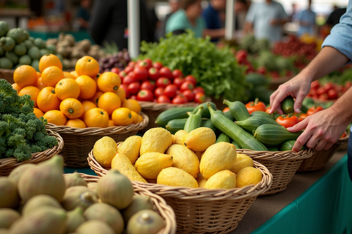 Marché avec paniers de fruits et légumes j comme jicama et jackfruit