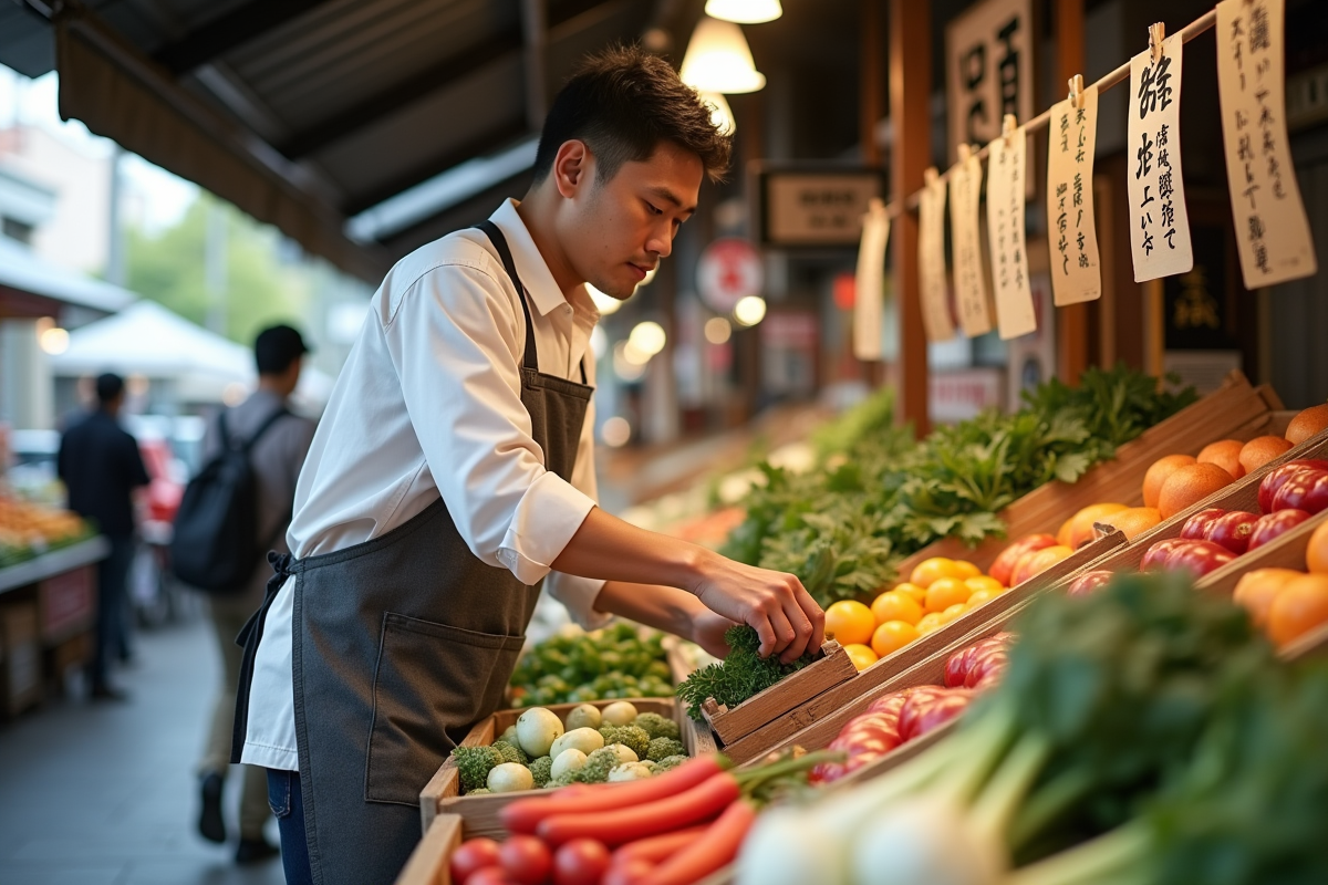 Jeune homme asiatique choisissant des produits au marché japonais