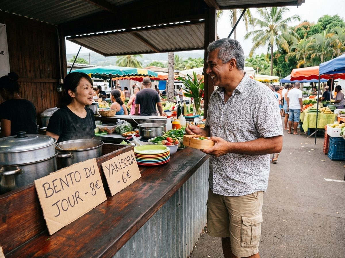 Homme réunionnais avec bento devant un stand de street food japonais