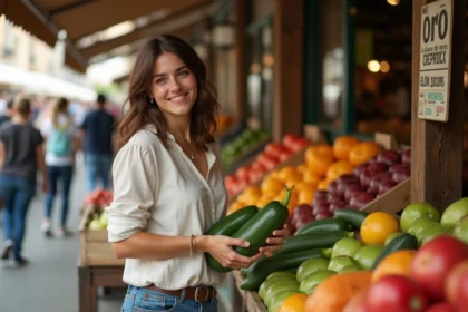 Jeune femme dans un marché français avec zucchini et zapote
