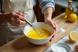 Femme préparant une mayonnaise maison au fouet dans un bol en céramique sur un plan de travail en marbre