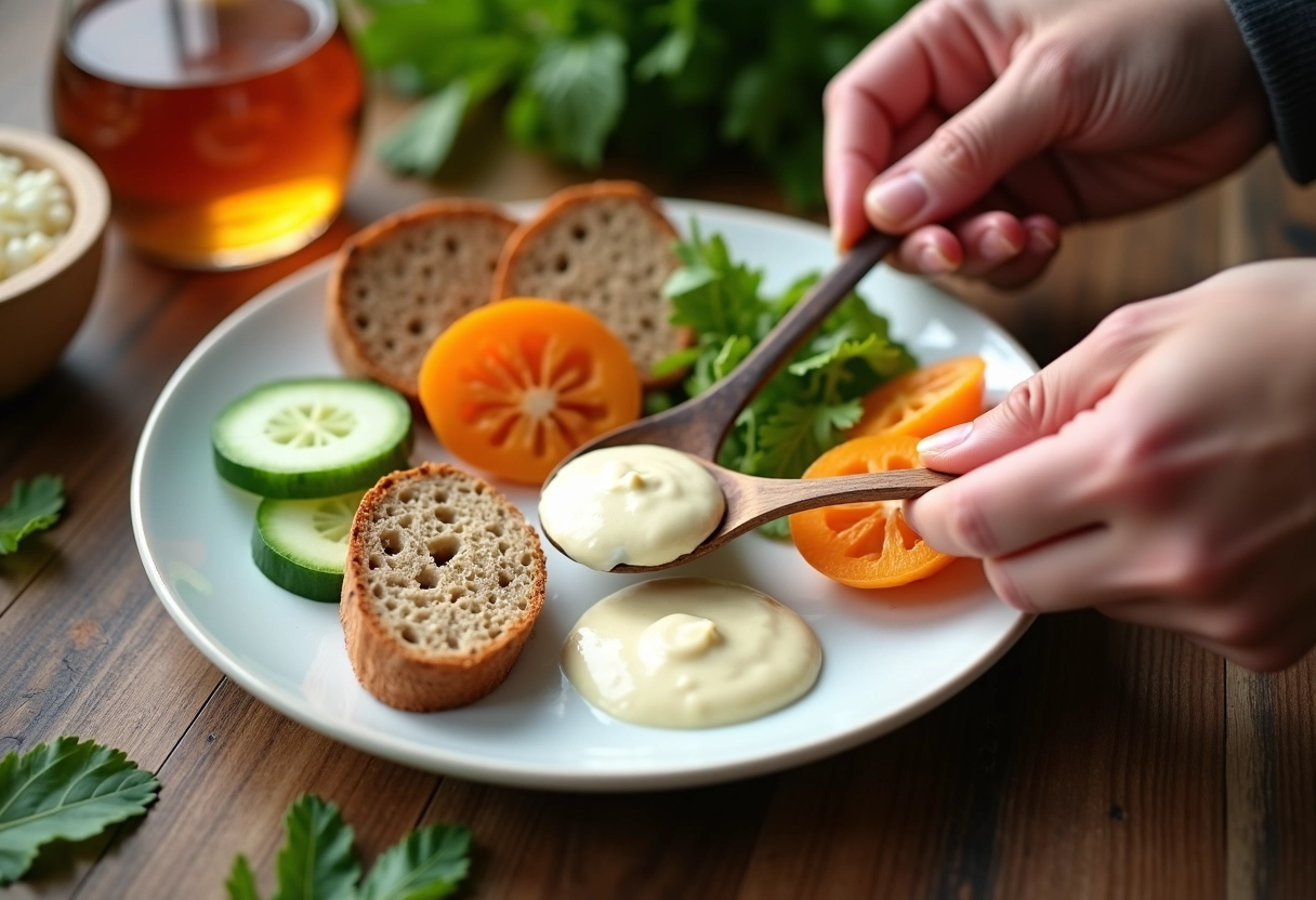 Gros plan mayonnaise sur assiette avec légumes frais