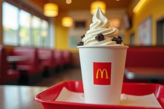 McFlurry McDonald's posé sur un plateau dans un restaurant fast food, vue rapprochée du gobelet blanc avec glace vanille et morceaux de biscuits chocolat