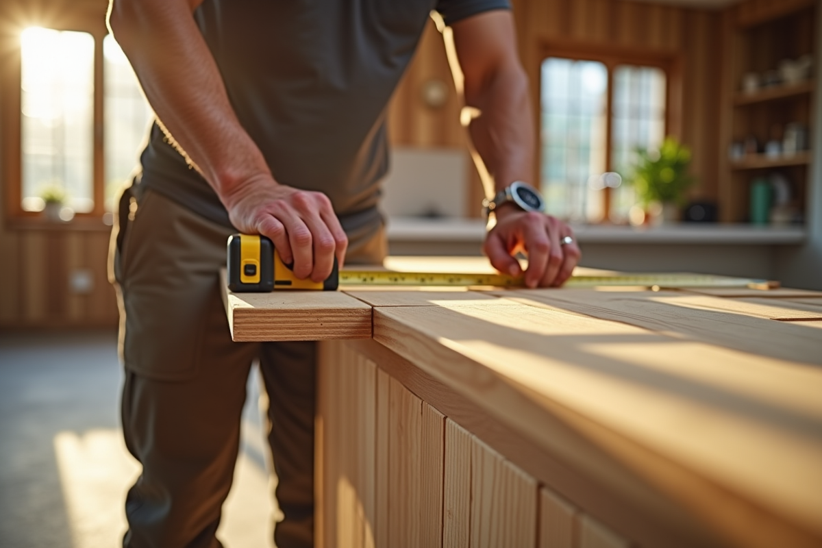 Menuisier mesurant un comptoir en bois dans une rénovation maison