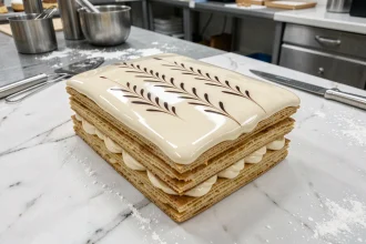 Mille-feuille avec glaçage miroir parfait et décor chocolat en chevrons sur marbre blanc de pâtisserie