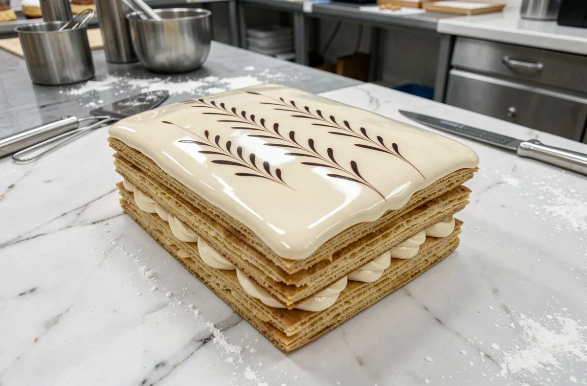 Mille-feuille avec glaçage miroir parfait et décor chocolat en chevrons sur marbre blanc de pâtisserie