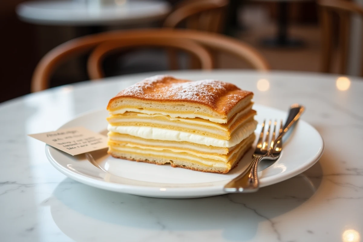 Mille-feuille à la pâte pâtissière vanille sur assiette en porcelaine blanche dans une pâtisserie française