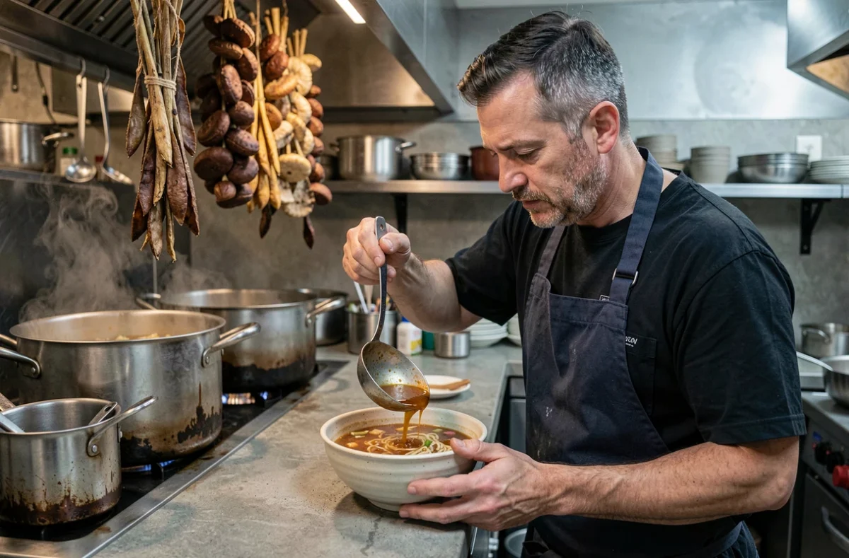 Chef préparant un bol de ramen au comptoir ouvert de Minamoto Ramen à Poitiers