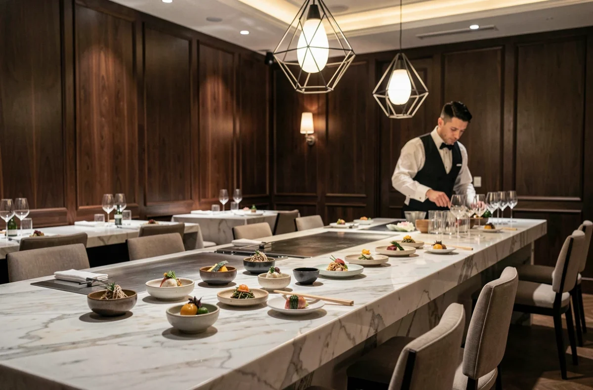 Comptoir omakase raffiné du restaurant Morimoto dans un hôtel design à Bordeaux