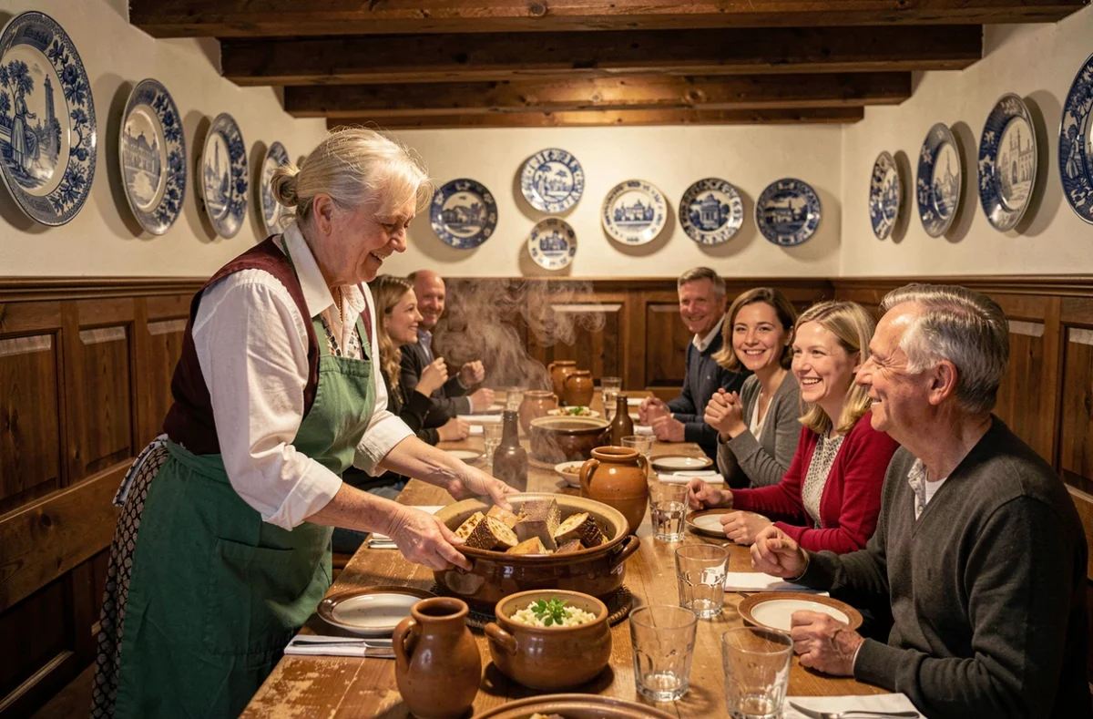 Intérieur traditionnel du Muensterstuewel à Strasbourg avec winstub en chêne, faïences murales et baeckeoffe servi en famille