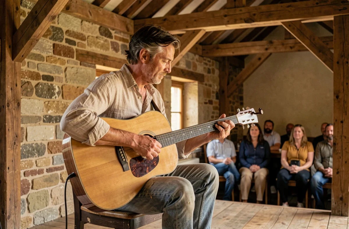 Musicien jouant de la guitare acoustique sur scène dans une guinguette rustique aménagée dans une ancienne grange