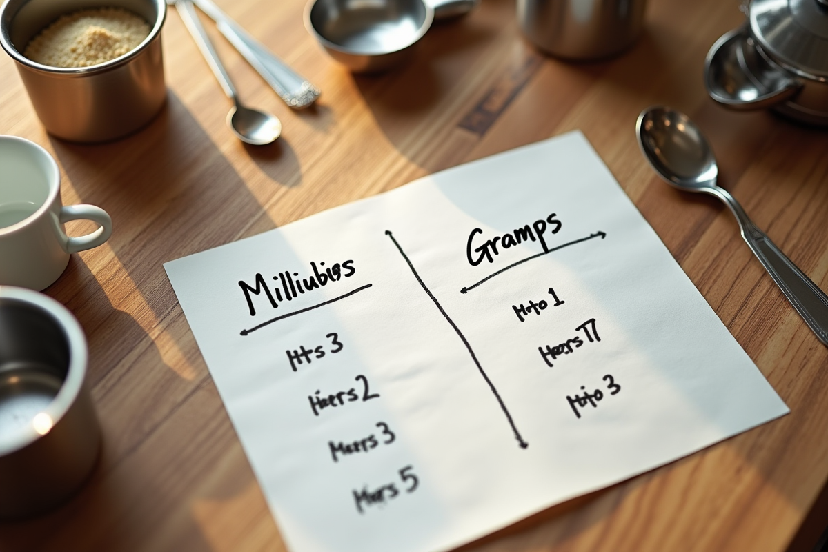 Feuille avec notes de conversion millilitres grammes sur table en bois