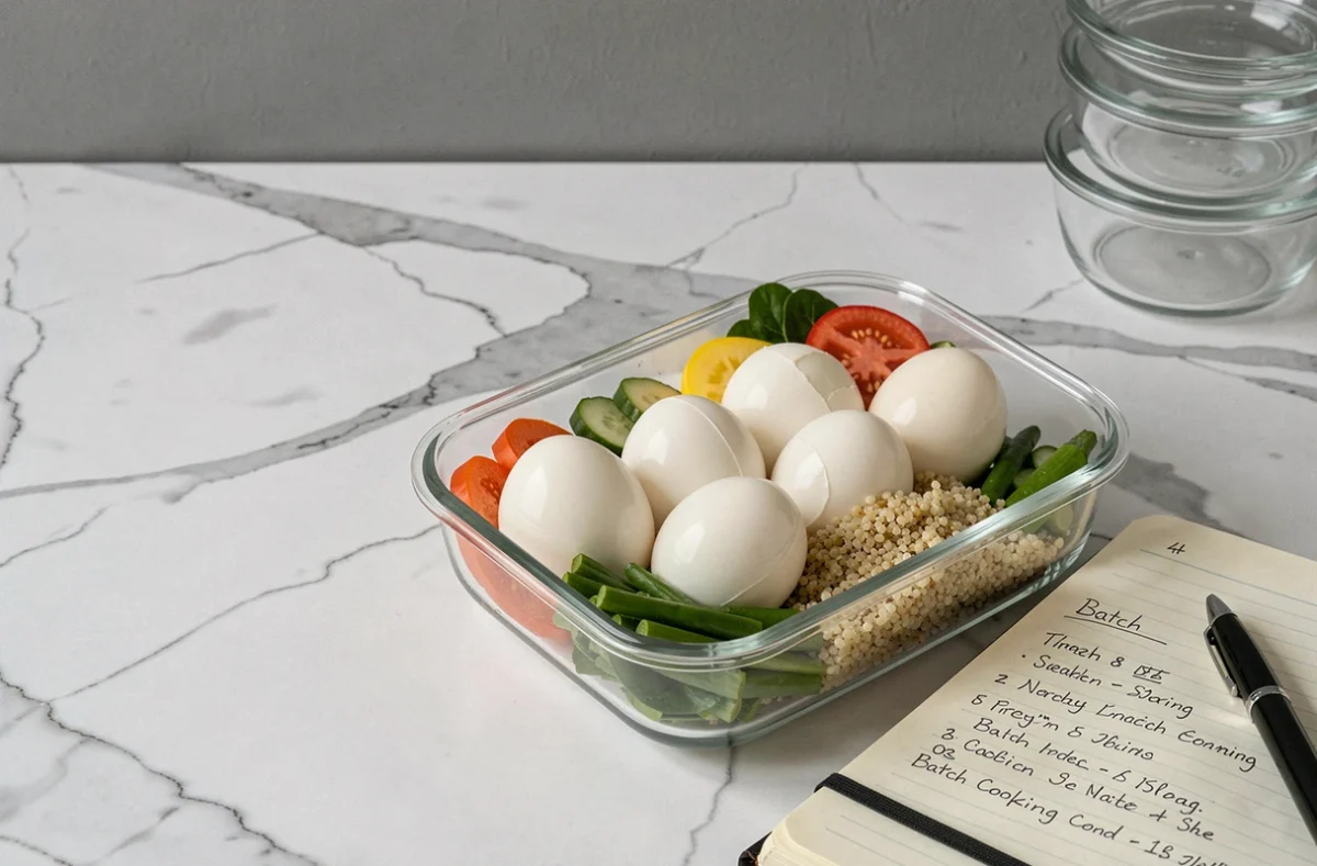 Boîte en verre de meal prep contenant des œufs durs pelés, des légumes et du quinoa sur un plan de travail en marbre avec un carnet de batch cooking manuscrit