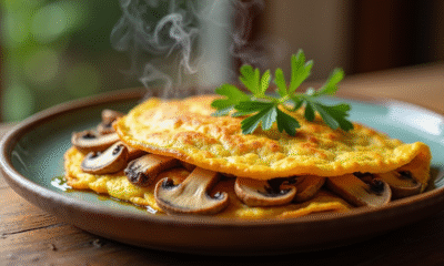 Omelette aux girolles dorées sur assiette rustique