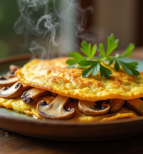 Omelette aux girolles dorées sur assiette rustique
