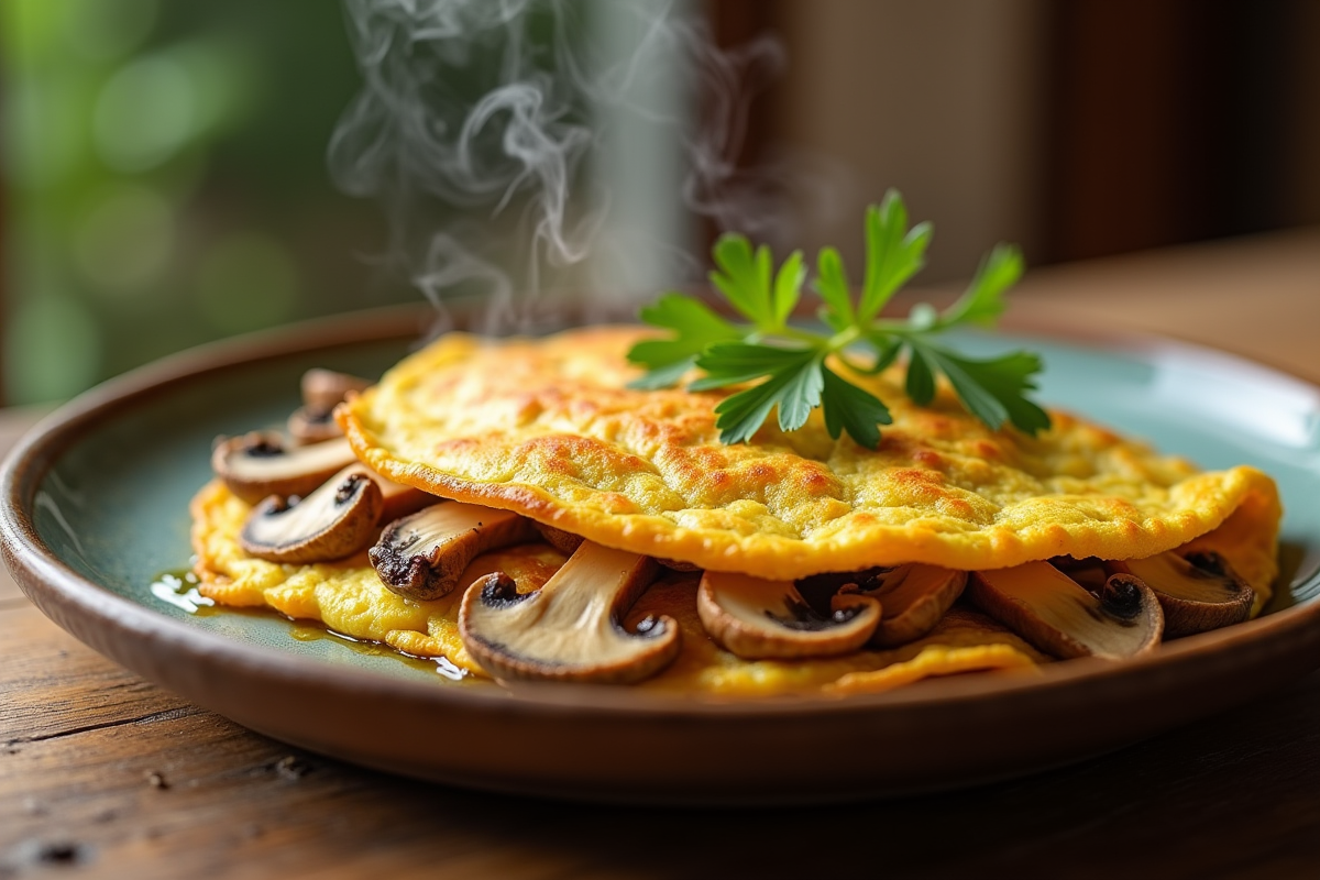 Omelette aux girolles dorées sur assiette rustique