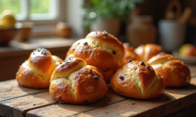 Pain aux raisins doré et frais sur une table en bois