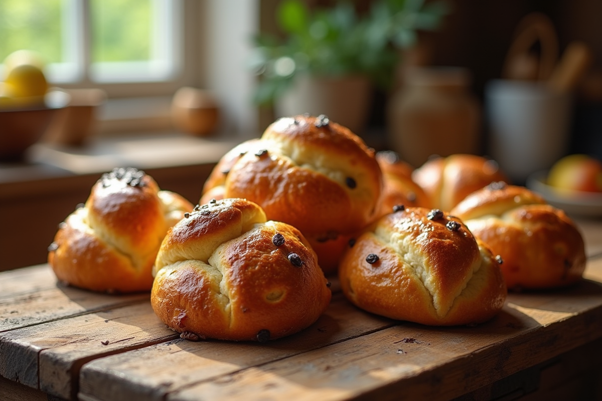 Pain aux raisins doré et frais sur une table en bois