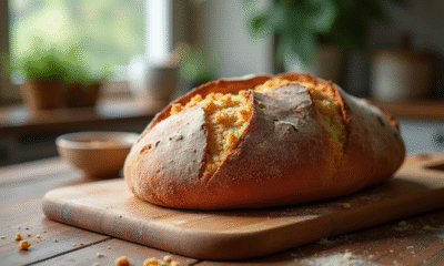 Pain de campagne doré refroidissant sur une planche en bois