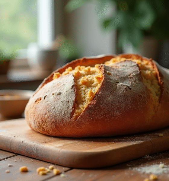 Pain de campagne doré refroidissant sur une planche en bois