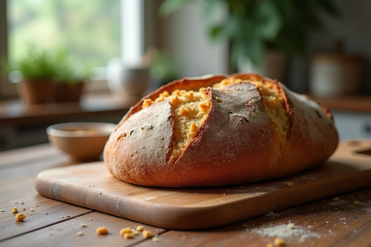 Pain de campagne doré refroidissant sur une planche en bois