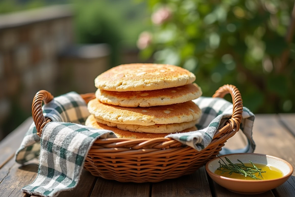 Panier de pains à la poêle à la semoule avec huile d'olive et herbes fraîches sur une terrasse en bois
