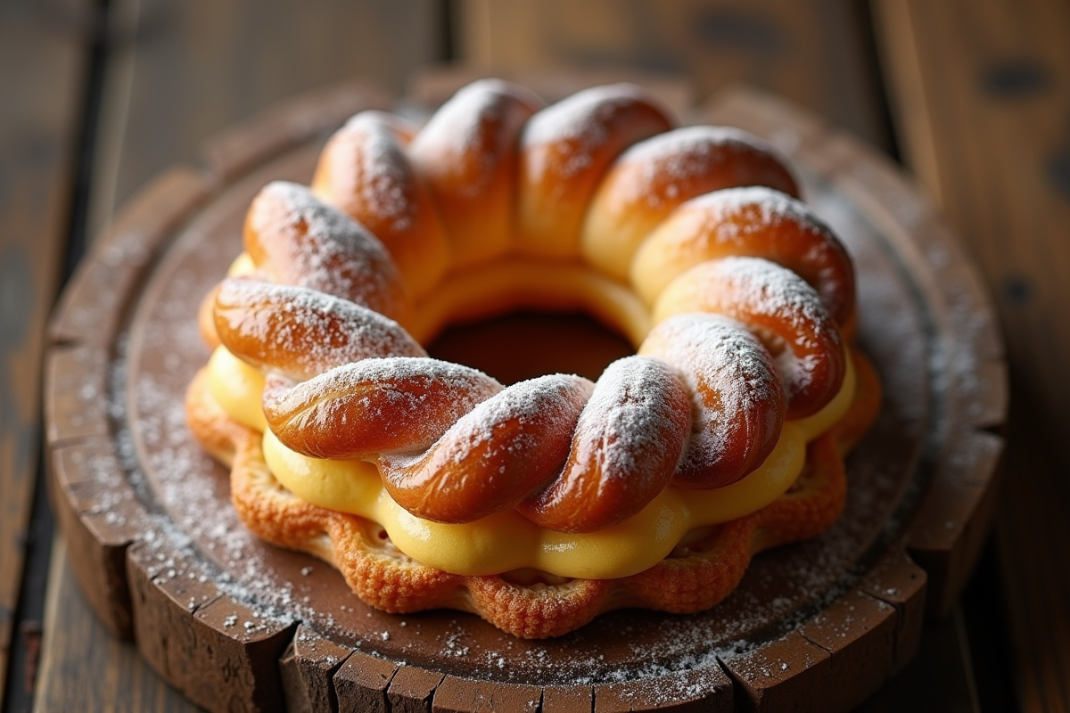 ParisBrest praliné sur table en bois vue de dessus