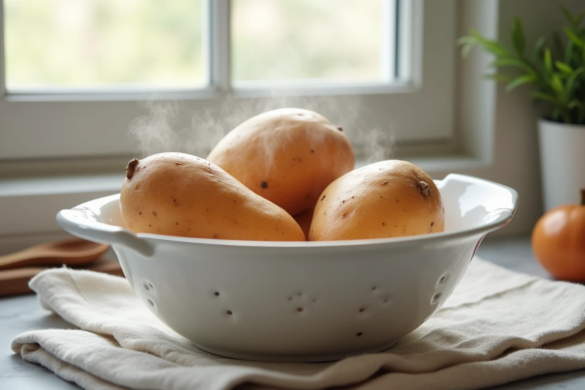 Patates douces cuites à l'eau égouttées dans une passoire blanche sur un plan de travail en marbre avec vapeur