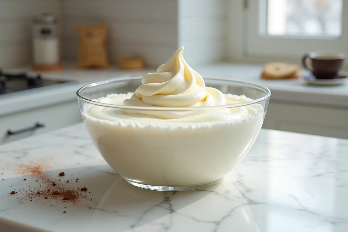 Pâte à bombe légère et volumineuse dans un bol en verre sur un plan de travail en marbre, pour un tiramisu moderne